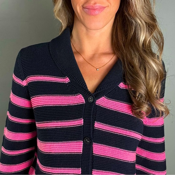 Talbots Sweaters - EUC Talbots Navy Blue and Pink Striped Cardigan Sweater